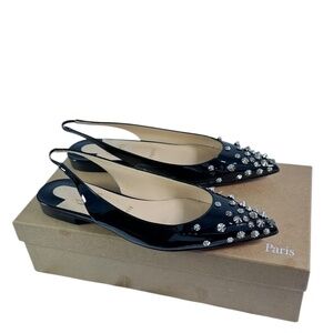 Christian Louboutin Drama Black Slingback Studded Spike Pointed Toe Flats 40